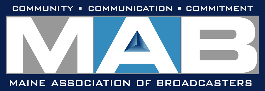 Logo of the Maine Association of Broadcasters featuring the acronym MAB in bold letters with the words "Community," "Communication," and "Commitment" across the top, symbolizing its foundation support. Saint Joseph's College of Maine