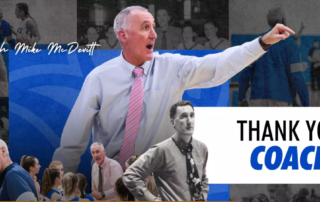 A collage features Coach Mike McDevitt, a true Monks Mentor, coaching and interacting with players, with text reading Thank you, Coach! in bold letters. Saint Joseph's College of Maine