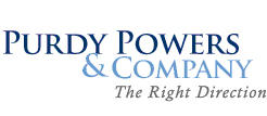 Logo of Purdy Powers & Company with the slogan "The Right Direction" written underneath. The text, symbolizing strong foundation support, is in varying shades of blue. Saint Joseph's College of Maine