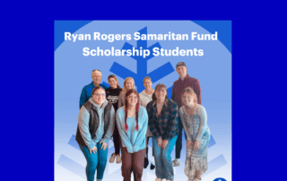 A group of nine students pose and smile in front of a blue background, celebrating the anniversary of the Ryan Rogers Samaritan Fund Scholarship Students. Saint Joseph's College of Maine