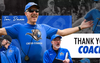 Collage featuring cross country coach Tom Dann in blue attire and cap, smiling and gesturing, with text reading Thank you, Coach! and Monks mentor retires—Coach Tom Dann in the background. Saint Joseph's College of Maine