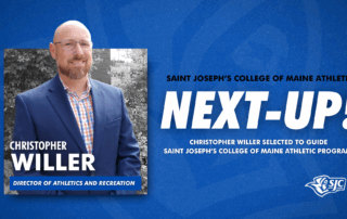 Christopher Willer, newly selected Director of Athletics and Recreation, is featured in a graphic announcing his role with the SJC Maine Monks Athletic Program at Saint Joseph’s College of Maine. Saint Joseph's College of Maine