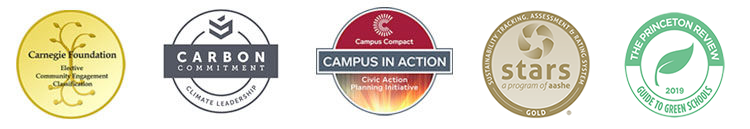 Badges: Carnegie, Carbon Neutral, Campus in Action, Gold STARS. Princeton Review Green College