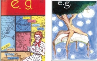 Two colorful comic book covers are displayed. The left cover shows a woman reading with different colored panels around her, reminiscent of a vibrant campus scene. The right cover depicts a tree blooming out of an open book with stars in the background, evoking the wonder of a literary magazine. Both covers have "e.g." written at the top. Saint Joseph's College of Maine