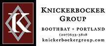 Logo of Knickerbocker Group, featuring a 'K' within a diamond-shaped design on the left, and company name with contact details on the right. Providing strong foundation support, they are located in Boothbay and Portland, Maine. Saint Joseph's College of Maine