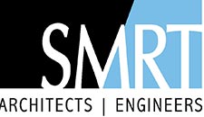 Logo of SMRT Architects and Engineers featuring a black and light blue background with the text "SMRT Architects | Engineers." The letters "SMRT" are divided by color contrast, symbolizing the strong foundation support they bring to every project. Saint Joseph's College of Maine